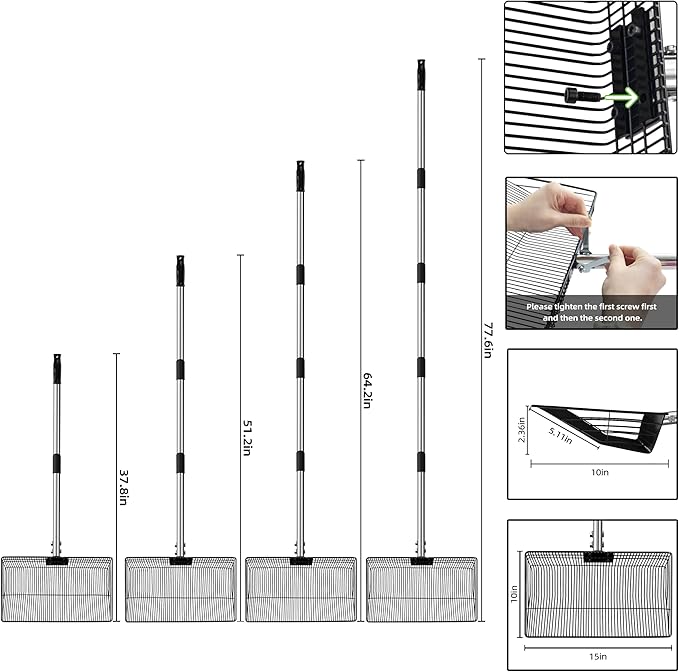 Jusoney 15" Extra Large Stainless Steel Manure Scoop w/5-in-1 Adjustable Handle (37.8"-77.6"), Ergonomic Sifter Shovel for Chicken Coop, Cat Litter, Pet Waste Cleaning Tools
