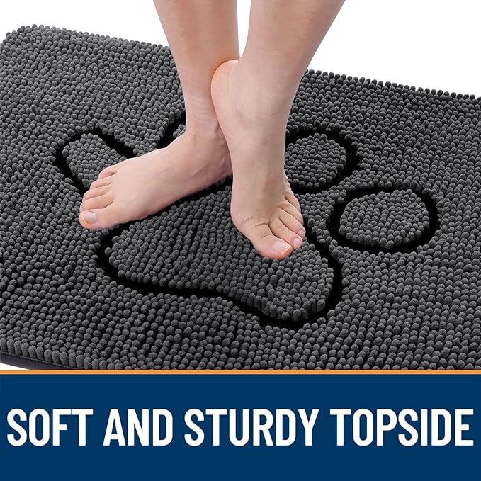 OLANLY Dog Door Mat for Muddy Paws 36x24, Paw Print Design, Absorbs Moisture and Dirt, Non-Slip Washable Doormat, Quick Dry Chenille Mud Mat, Entry Indoor Entryway Carpet, Dark Grey and Black