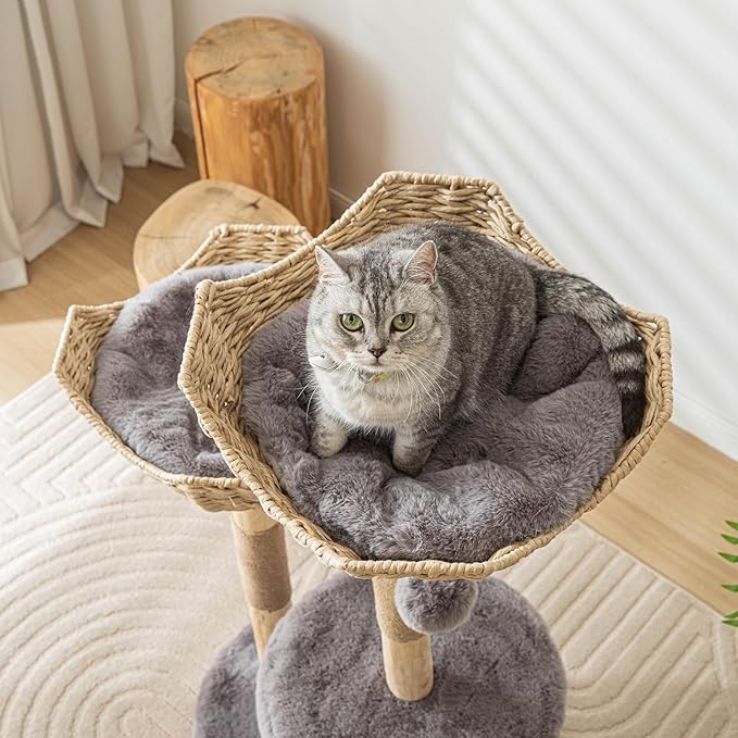 Modern Cat Tree for Indoor Cats Large Adult, 46" Tall Wooden Cat Tower for Large Cats with Scratching Post, Luxury Cat Condo, Grey