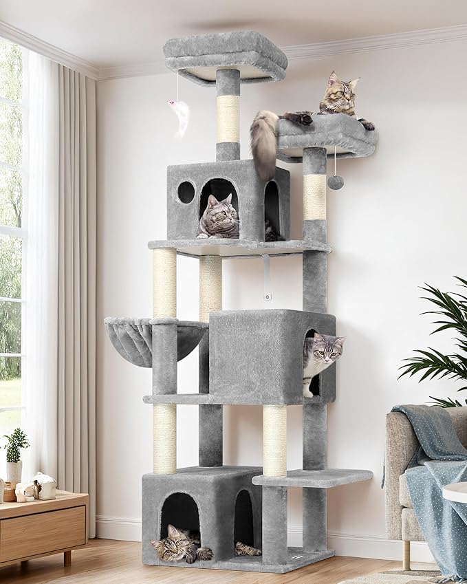 Globlazer Cat Tree Tall, 71 inches Cat Tower for Indoor Adult Cats Multi-Level 3 Condos for Indoor Cats XL Cat Tree Tower with Scratching Posts, Soft Extra Large Hanging Basket, F71, Light Gray