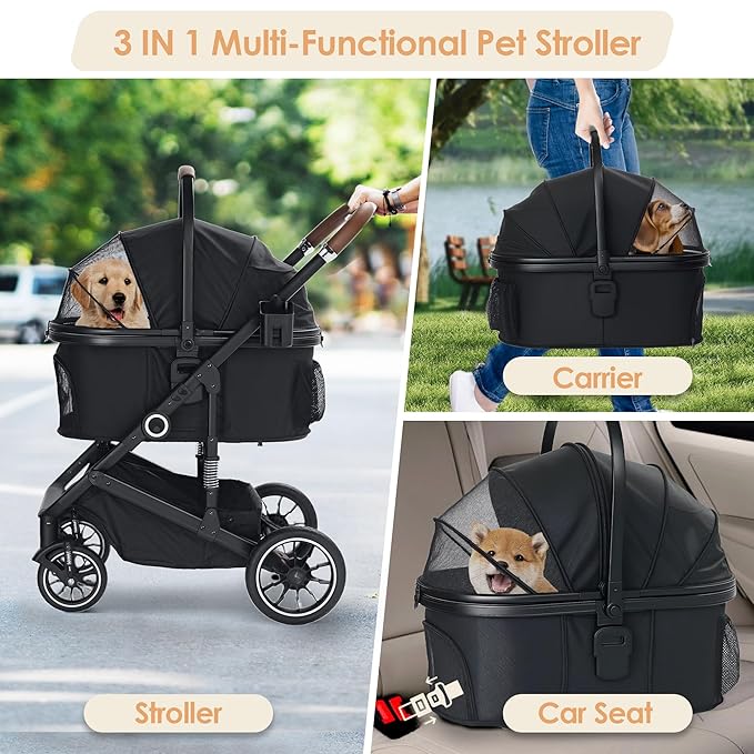 Pet Stroller with 4 Wheels, 3 IN 1 Folding Puppy Strollers for Small/Medium Dogs Cats up to 50lbs, Lightweight Pet Travel Carrier with Detachable Cushion, Storage Basket and Cup Holder, Black