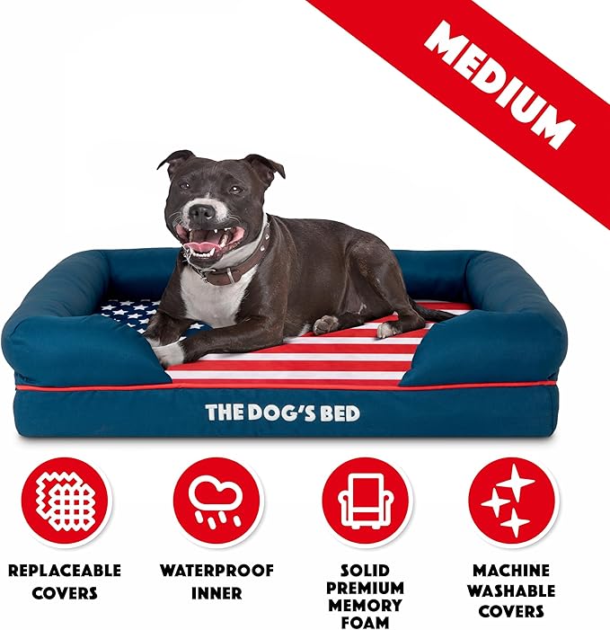 The Dog’s Bed, Medium Blue Oxford with Red Trim USA Flag Dog Bed with Central Flag, Memory Foam, Pain Relief, Post Surgery, Waterproof Washable Cover