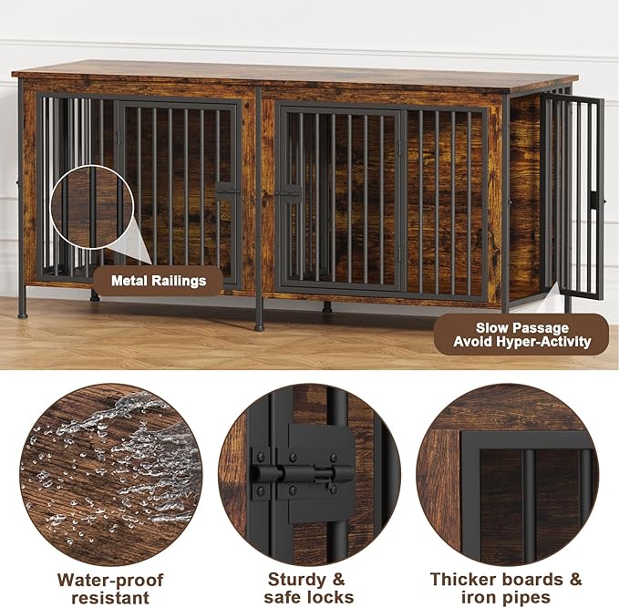EasyCom Dog Crate Furniture for 1 or 2 Dogs, Heavy Duty Single/Double Dog Crates for Small/Medium/Large Dogs, Dog Kennel Furniture Indoor as TV Stand, Medium Size 63" L(20-35 Pounds), Brown
