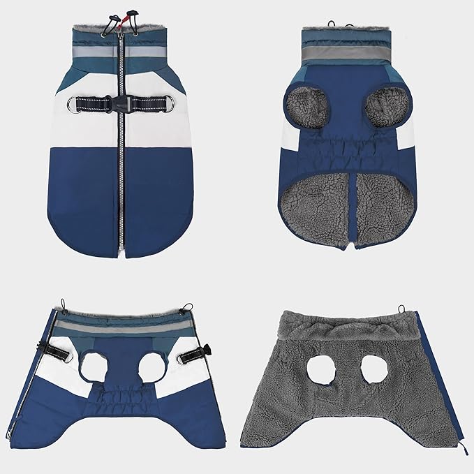 azuza Dog Jacket for Medium Dogs Waterproof Dog Coat with Reflective Strips and Harness Built in Warm Fleece Dogs Winter Coat Windproof with Back Zipper, Navy XL