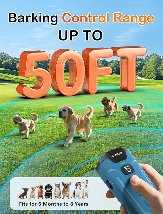 Dog Bark Deterrent Device - Ultrasonic Anti-Barking Devices with 3X Sonic Emitters, Up to 50FT Long Range & Rechargeable Bark Control - Safe for Dogs Training - Indoor & Outdoor (Blue)