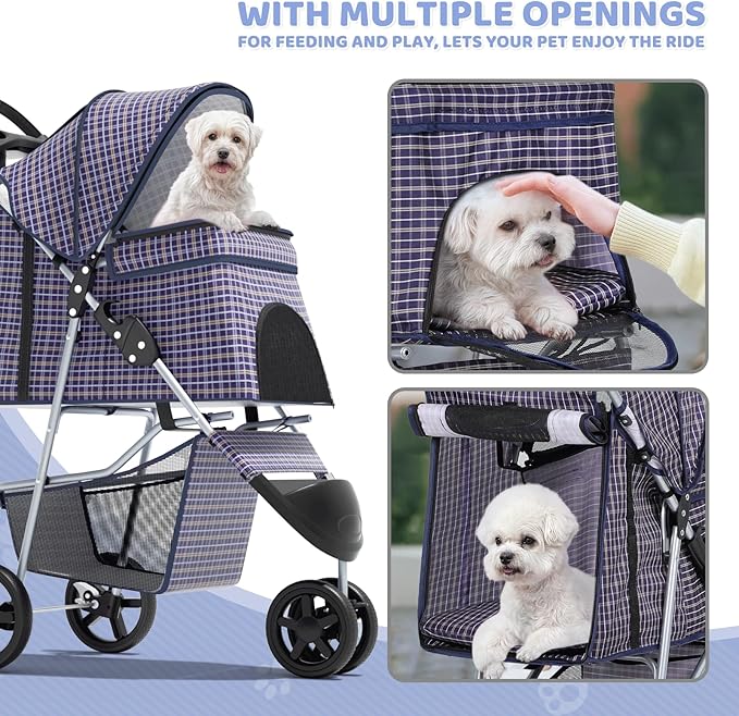 Magshion 3-Wheel Pet Stroller, Foldable Travel Jogger for Small & Medium Dogs & Cats (Up to 33lbs), Lightweight Carrier with Breathable Mesh Cover, Cup Holder & Storage Basket, Plaid