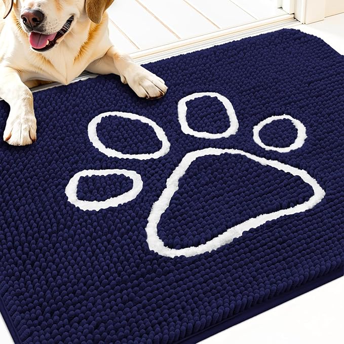 OLANLY Dog Door Mat for Muddy Paws 30x20, Paw Print Design, Absorbs Moisture and Dirt, Absorbent Non-Slip Washable Doormat, Quick Dry Chenille Mud Mat for Dogs, Entry Indoor Entryway Carpet, Navy Blue