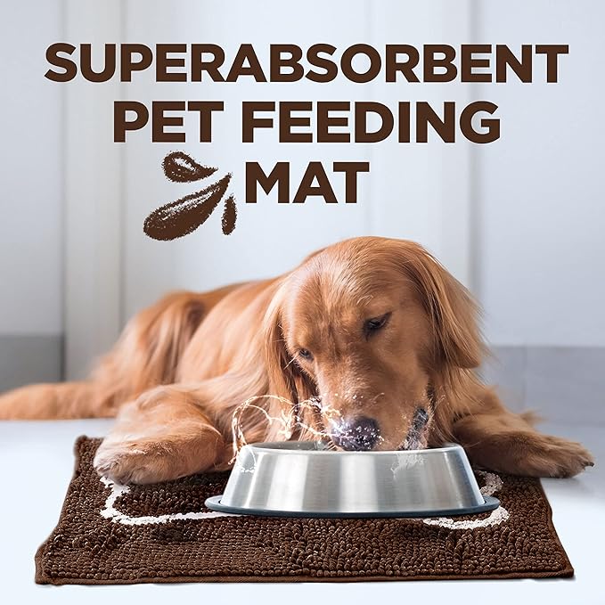 Soggy Doggy Slopmat - Water Absorbing Door Mat for Food and Water - Microfiber Chenille Rug for Muddy Paws and Messy Eaters - Machine Washable (Dark Chocolate/Oatmeal Bone, 18” x 24″)