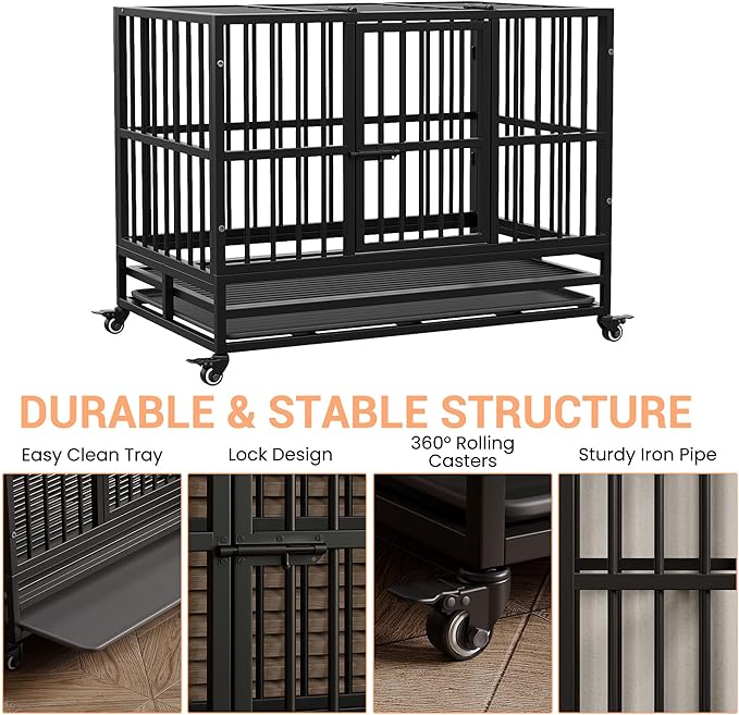 Heavy Duty Metal Dog Crate, 37 in Double Door Dog Cage with Wheels, Folding Indoor Pet House with Removable Tray Perfect for Small, Medium and Large Pets