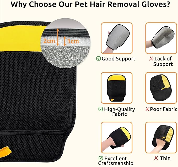 SAWMONG 2Pcs Pet Hair Removal Glove, Pet Hair Remover Glove for Cleaning Shed Fur from Dogs & Cats with Thumb Hole for Better Fit, Reusable Pet Hair Removal Tool for Couch,Clothes, Carpet, Curtain