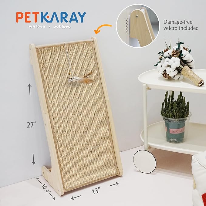 PETKARAY Cat Scratcher, Sisal Cat Scratching Ramp, L Shape Scratch Pad for Indoor Kitty, 27" Wall Furniture Protector with Mouse Toy