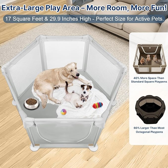 58.3"x58.3"x29.9" Large Dog Playpen Indoor, Extra Tall Puppy Playpen with Removable Roof, Sturdy Fabric Dog Pen for Medium to Large Pets, Spacious Hexagonal Pet Playpen Indoor for Comfort & Security