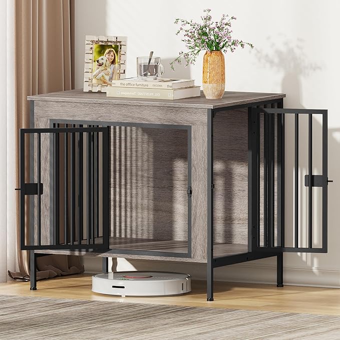 EasyCom Dog Crate Furniture for 1 or 2 Dogs, Heavy Duty Single/Double Dog Crates for Small/Medium/Large Dogs, Dog Kennel Furniture Indoor as TV Stand, Small Size 28.15" L(0-20 Pounds), Oak Grey