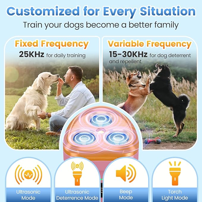 Dog Bark Deterrent Device, Anti Barking Device for Dogs 3X Ultrasonic to Stop Barking Neighbors Dog| 50ft Range, 5 Adjustable Modes, Flashlight & Beep | Safe & Effective for Small, Medium & Large Dogs