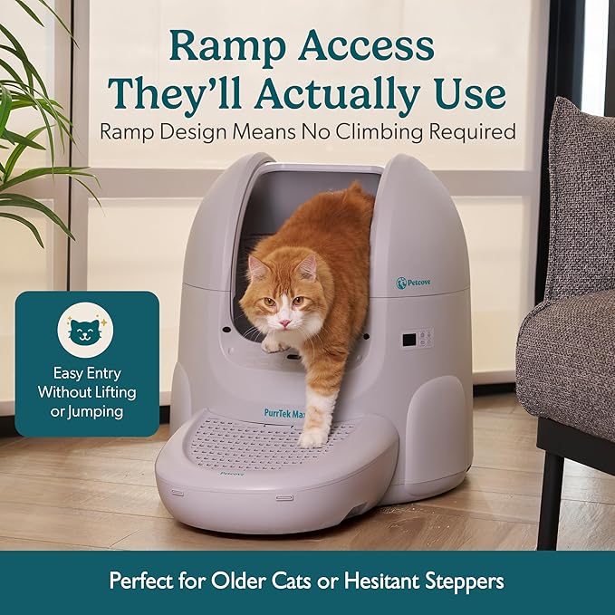 Petcove Self Cleaning Automatic Litter Box for Multi Cat - XL 65L Drum/Ultra Quiet 30-35dB Operation / 5 Safety Sensors/Easy App Control with Ultra Fast 5 GHz WiFi - Includes Ramp & 15 Litter Bags