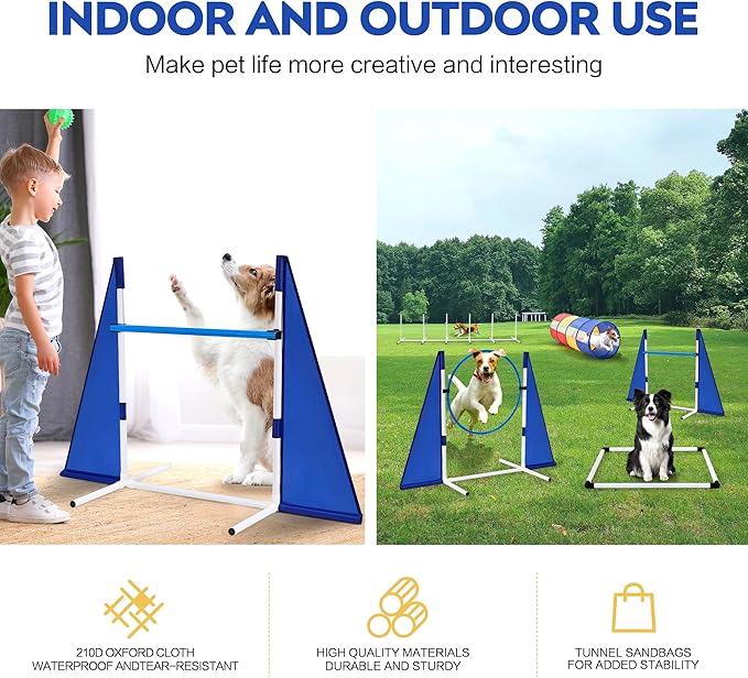 Dog Agility Training Equipment,Course Backyard Set Training Equipment for Dogs Pet Outdoor Game with Yellow, Blue and Red Tunnel, Agility Hurdle, Poles, Jump Ring, Pause Box, Toy Balls and Storage Bag