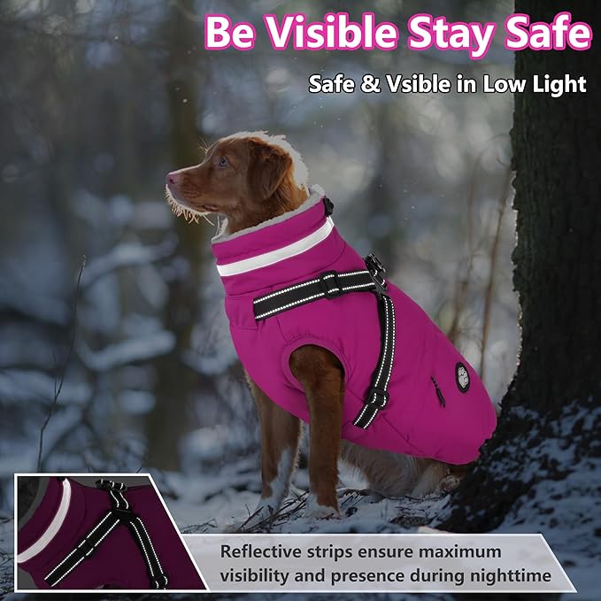 Dogcheer Dog Coat with Harness, Waterproof Dog Jacket Christmas Pet Winter Coat with Pockets, Reflective Doggy Turtleneck Fleece Jacket for Small Medium Large Dogs - Pink, XS
