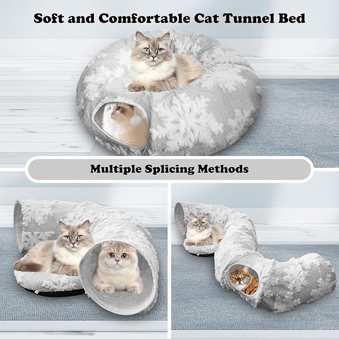 Cat Tunnel Bed for Indoor Cats, Cute Cat Donut Tunnel with Washable Circle Cushion, Under Christmas Tree Soft Plush Peekaboo Cat Cave Toy for Kitten, Puppy, Rabbit (Grey)