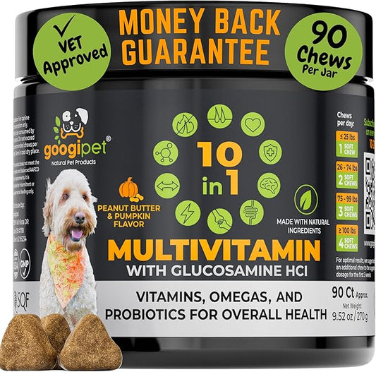 Googipet Premium 10 in 1 Dog Vitamins Multivitamin Chewable with Probiotics for Gut Health, Dog Vitamins and Supplements w/Vitamin C & Glucosamine for Joint Support (Peanut Butter & Pumpkin Flavor)