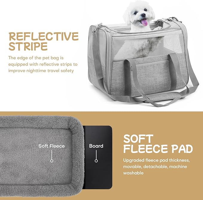 Cat Carrier Soft-Sided for Large Cats, Dog Carriers for Small Dogs, Airline Approved Pet Travel Carrier for Cats Puppies up to 16Lbs with Safety Zippers Foldable Bowl, 18x12.5x14.2, Grey