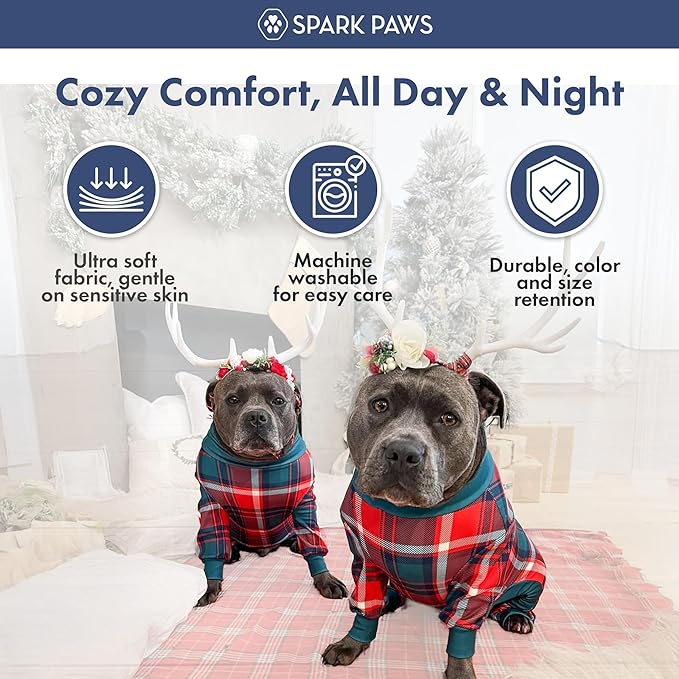 Spark Paws Dog Christmas Pajama, Dog Recovery Suit Male, Onesie, Ultra-Soft and 4-Way Stretch, for Small Medium and Large Breeds - Green and Red Plaid - 2XL