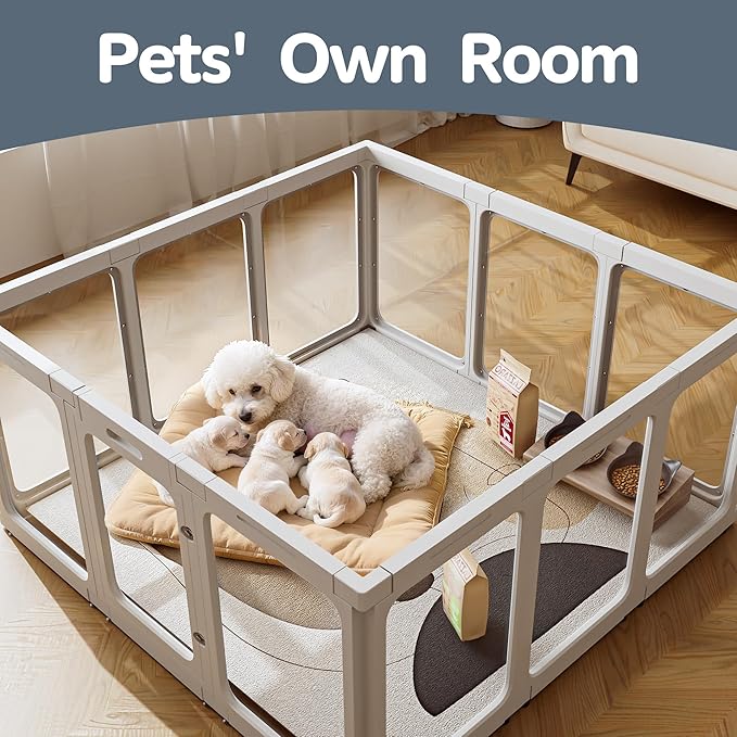 Jalove Acrylic Dog Playpen Indoor, 24“ H Plastic Pet Playpen with Door, Clear Pet Play Pen for Puppy Cat Rabbit Ferret, Easy Assemble Dog Pen, Preferable for Small Cage, White 10 PCS