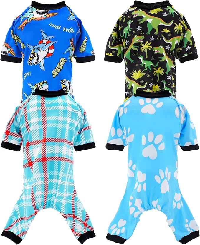 PET SHOW 4 Pack Small Dog Pajamas for Medium Dogs Boy Dinosaur Shark Soft Stretchy PJs Plaid Jumpsuit Puppy Cats Paw Onesies Outfits with Sleeve Pets Breathable Summer Clothes Costume L