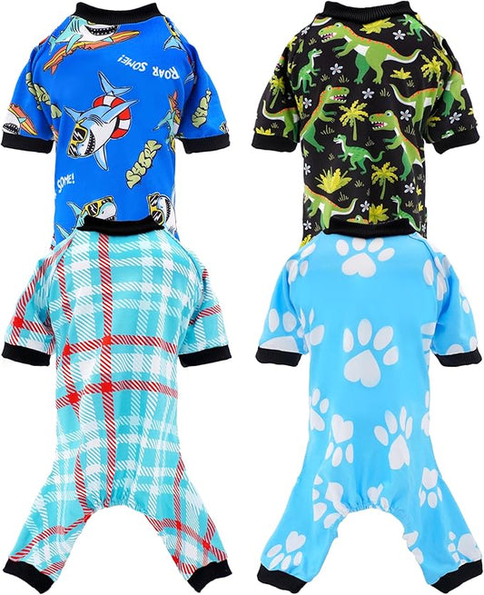 PET SHOW 4 Pack Small Dog Pajamas for Medium Dogs Boy Dinosaur Shark Soft Stretchy PJs Plaid Jumpsuit Puppy Cats Paw Onesies Outfits with Sleeve Pets Breathable Summer Clothes Costume L