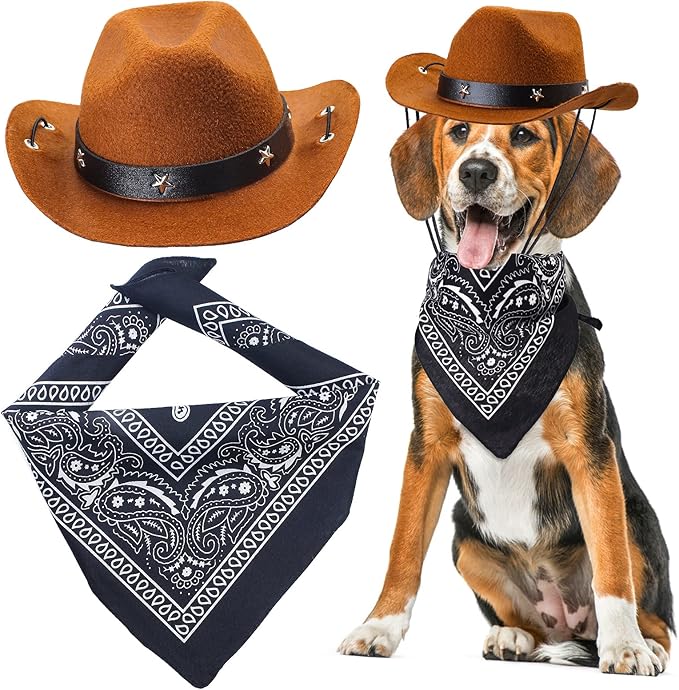 Yewong Pet Cowboy Costume Accessories - Dog Cat Pet Size Cowboy Hat and Bandana Scarf West Accessories for Puppy Kitten Party Festival and Daily Wearing Set of (Coffee Hat+Black Bandana)