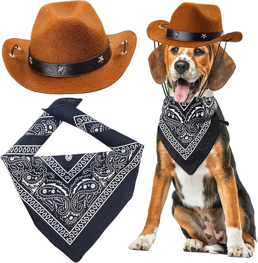 Yewong Pet Cowboy Costume Accessories - Dog Cat Pet Size Cowboy Hat and Bandana Scarf West Accessories for Puppy Kitten Party Festival and Daily Wearing Set of (Coffee Hat+Black Bandana)