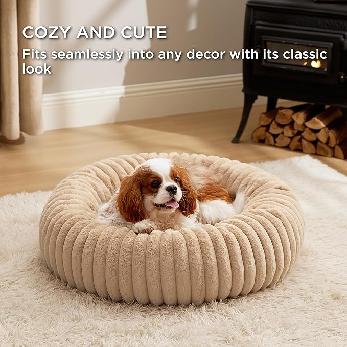 Bedsure Medium Dog Bed - Washable Faux Fur with Corduroy Fleece & Anti Slip Bottom, Round Pet Bed with Removable Cover, Sandy Beige, 30x30x8 inches