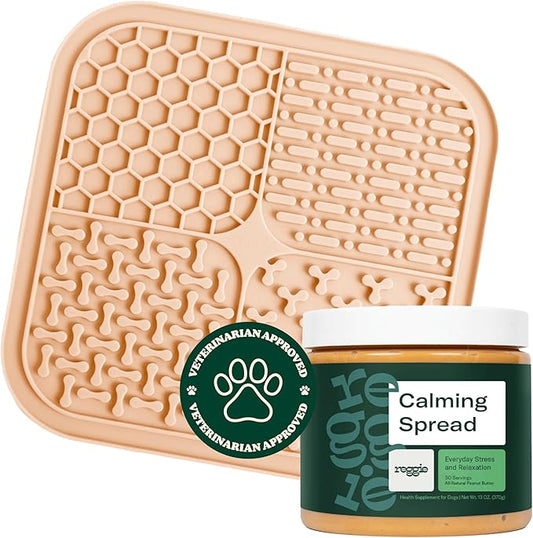 Reggie Calming Spread for Dogs with L-Theanine & Melatonin + Light Peach Lick Mat | Natural Peanut Butter Dog Anxiety Relief Bundle for Separation Anxiety, Thunderstorms, Travel & Stress | 30 Servings