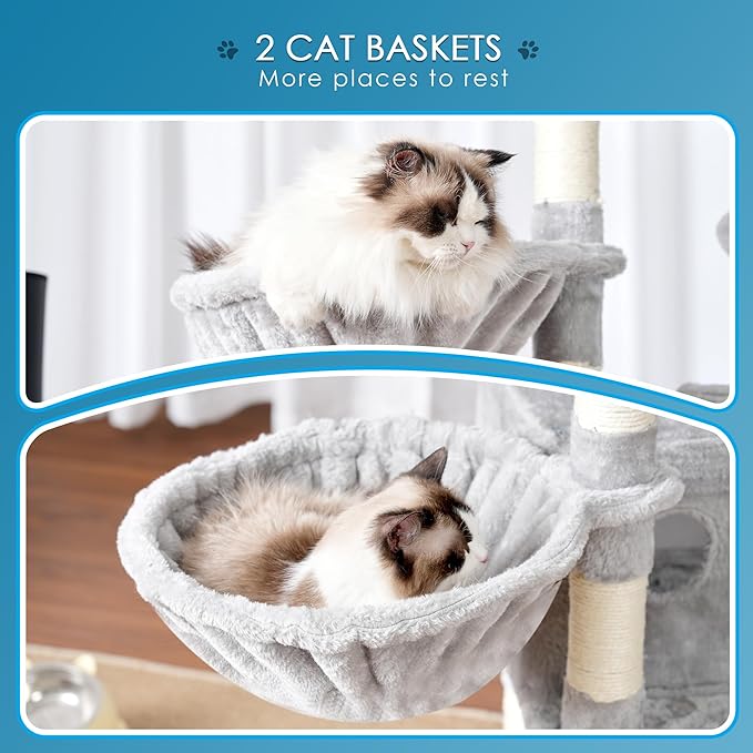 Hey-brother Cat Tree, 74 inches Multi-Level XL Large Cat Tower for Indoor Cats with Three Cat Condos, Two Large Top Decks and Cat Hairbrushfor Kittens, Cats and Pets, Light Gray MPJ035-MW