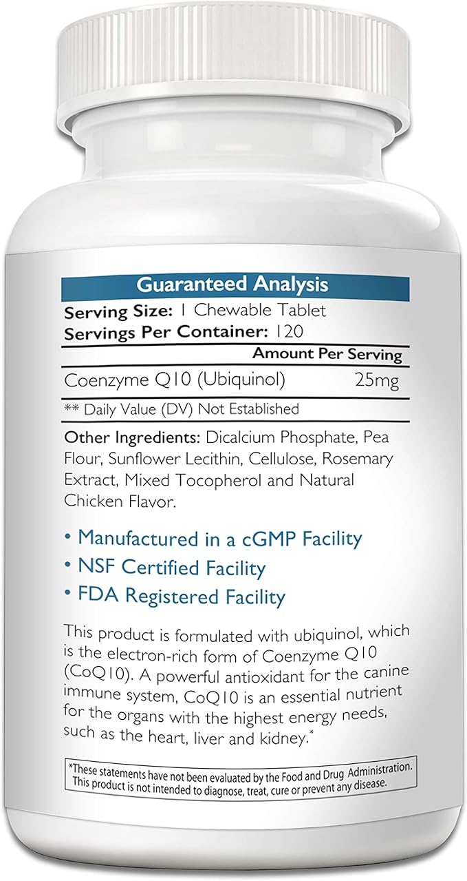 Coenzyme Q10 for Dogs Grain-Free Supplement, Ubiquinol - The Electron-Rich Form of CoQ10, Promotes Heart Health, Cognitive and Energy Support for Dogs, 120 Chewable Tablets