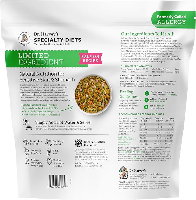 Dr. Harvey's Specialty Diet Limited Ingredient - Human Grade Dog Food for Dogs with Sensitivities - Salmon Recipe (5 Pounds)