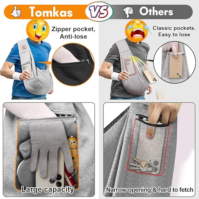 Tomkas Small Dog Sling Carrier - Zipper Pocket & Adjustable Strap - for 3-10 lbs Pets(Grey)