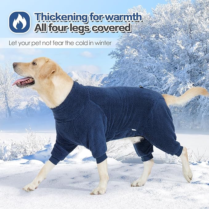 Warm Fleece Dog Jacket, Windproof Pullover Jumpsuit, Cold Weather Pajamas for Medium-Large Dogs (Large, Navy Blue)