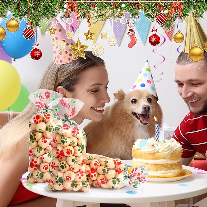 Blulu 100 Pieces Dog Treat Bags Puppy Party Favor Pet Paw Cone Cellophane Bags Candy Heat SealableDog Paw Gift with 100 Pieces Silver Twist Ties for Pet Cat Treat Party Favor(Red and Green)
