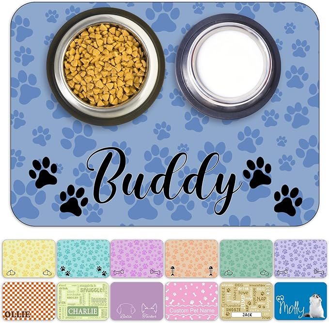 Personalized Dog Cat Food Mat Waterproof Non Slip Pet Bowl Mat Absorbent Quick Dry Custom Name Feeding Mat for Floors Dog Cat Claw