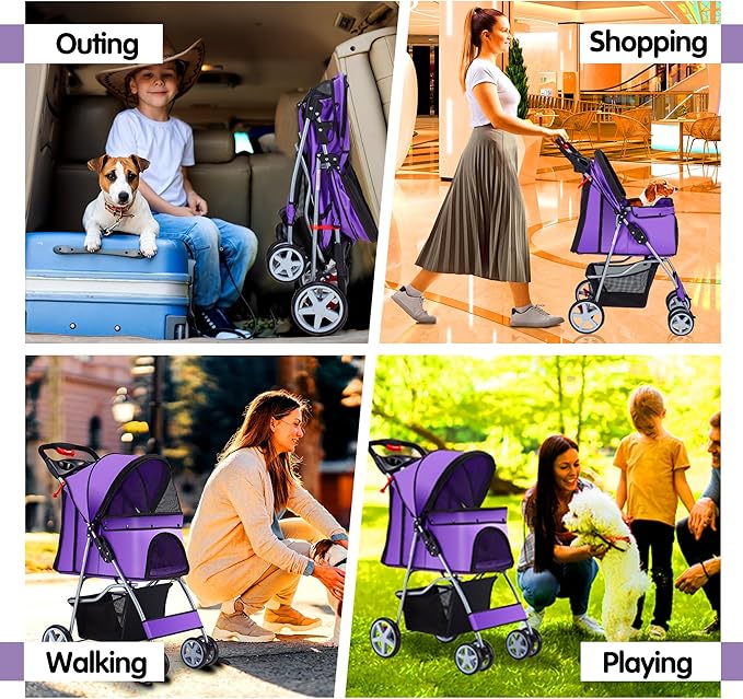 Pet Stroller, 4 Wheels Pet Strolling Cart for Medium/Small Dogs and Cats, Foldable Cat Jogger/Dog Stroller with Cup Holder, Storage Basket, Breathable Mesh, All-Season Pet Carrier, Purple