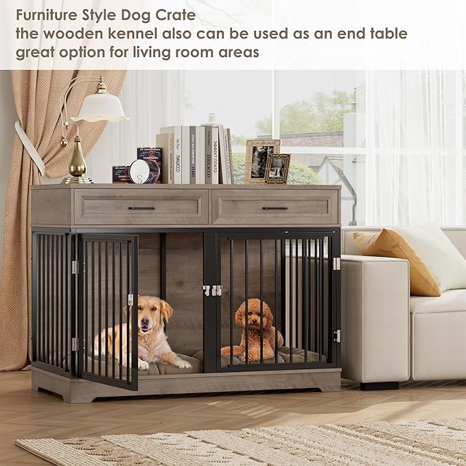 Dog Crate Furniture 47" Wooden Dog Kennels for Dogs Indoor with a Removable Divider for Large/Medium/Small Dogs, 2 Storage Drawers and Large Tabletop Dog Cages Double Doors Dog House, Rustic