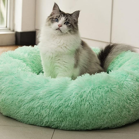 Anti Anxiety Round Fluffy Plush Faux Fur Warm Washable Dog Bed & Cat Bed, Original Bed for Small Medium Large Pets,Used to Relieve Joints and Improve Sleep（20"/24"/27''） (27", Light Green)