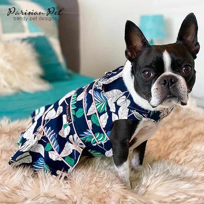 Parisian Pet Palm Leaves Summer Dress - Magic Strap Closure Dog Beach Outfit - Lightweight and Breathable Dress for Small Dogs Girl XS