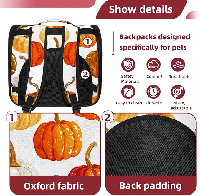 Bright Pumpkins on White Background 3 Cat Backpack Carrier, Large Pet Backpack for Medium Small Dog Cat Puppy Kitty Bunny