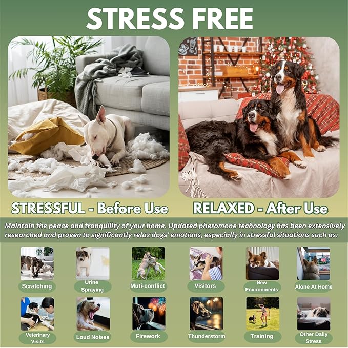 Dog Calming Pheromone Diffuser Kit, Pet Diffuser for Stress Support, Reduces Stress and Promotes Relaxed Behavior, 2 Plug-in & 4 Packs Refill, 120 Day Supply (Non-Toxic, Safe & Inedible), with Light