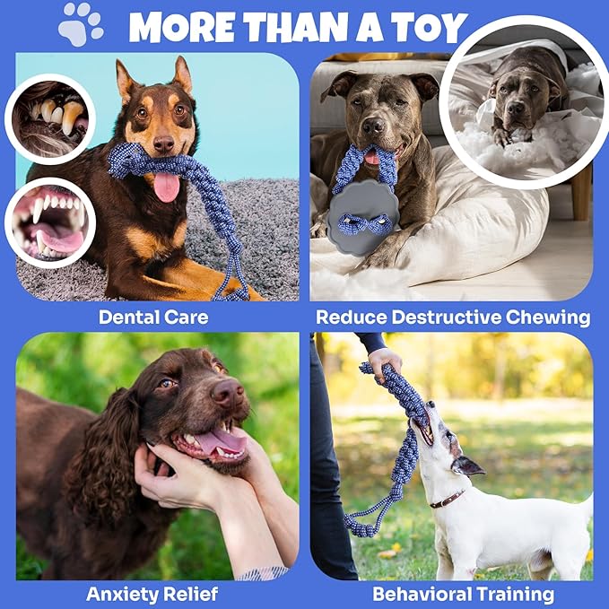 Interactive Dog Frisbee Rope Toy – Tough 2-in-1 Flying Disc & Rope Chew Toy for Medium/Large Dogs, Outdoor Training & Fetching, Grey & Blue