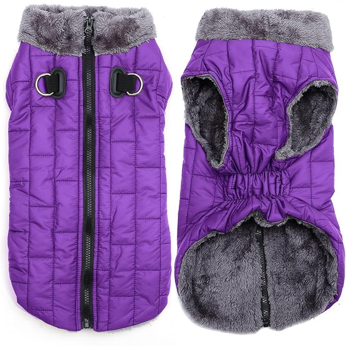 Warm Fleece Dog Coats with Durable Harness Buitl in D-Ring,Waterproof Doggie Jacket for Large Dogs,Dog Vest for Cold Winter,Purple XXL