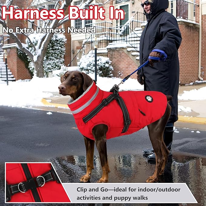 Dogcheer Dog Coat with Harness, Waterproof Dog Jacket, Christmas Puppy Winter Coat with Pocket, Reflective Doggy Turtleneck Puffer Vest for Small Medium Large Dogs - Red, S