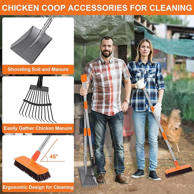 Chicken Poop Scooper Shovel Rake Scrub Brush for Chicken Coop Supplies Accessories for Cleaning