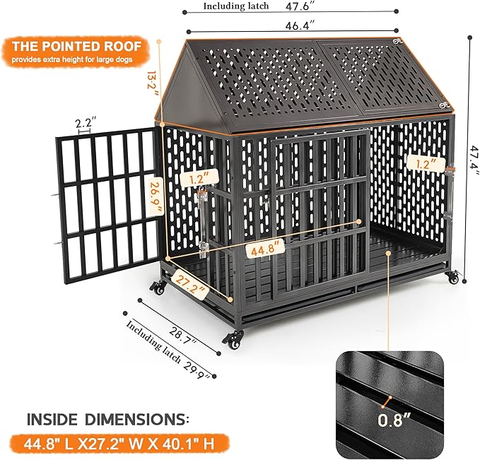 46 Inch Heavy Duty Dog Crate with Self-Locking Latch for High Anxiety Dogs, Indestructible Large Kennel Indoor with Pointed Roof, Removable Trays and Lockable Wheels, Chew Proof Cage